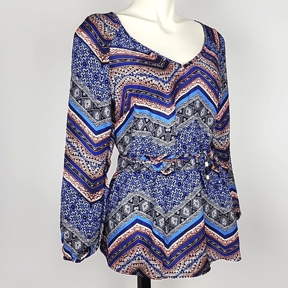 New Look Boho V Neck Long Sleeve Top Blue Red Grey Print Lightweight Size M - Picture 2 of 11